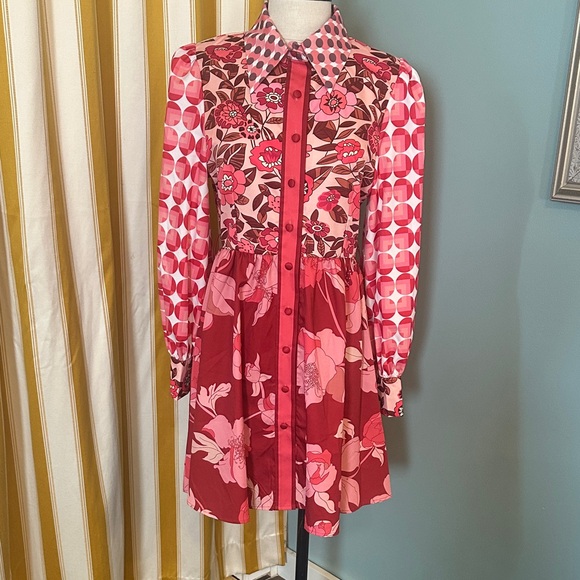 Dalia Macphee Dresses & Skirts - Floral Long Sleeve Dress - Red and Pink